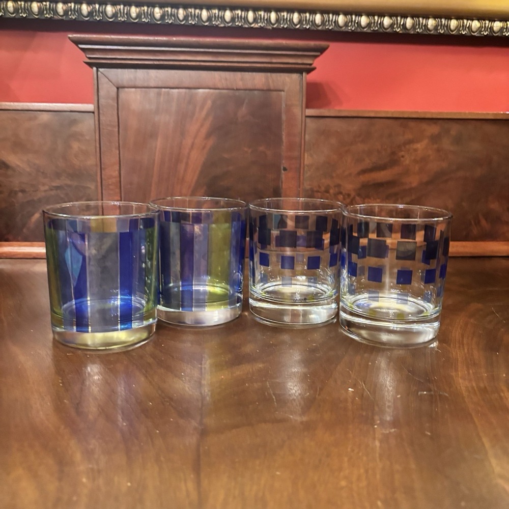 Dartington Design France Lowball Whiskey Tumblers Blue Green Glasses Set of 4